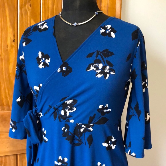 Blue Floral Dress - Faux Wrap - Picture 4 of 8
